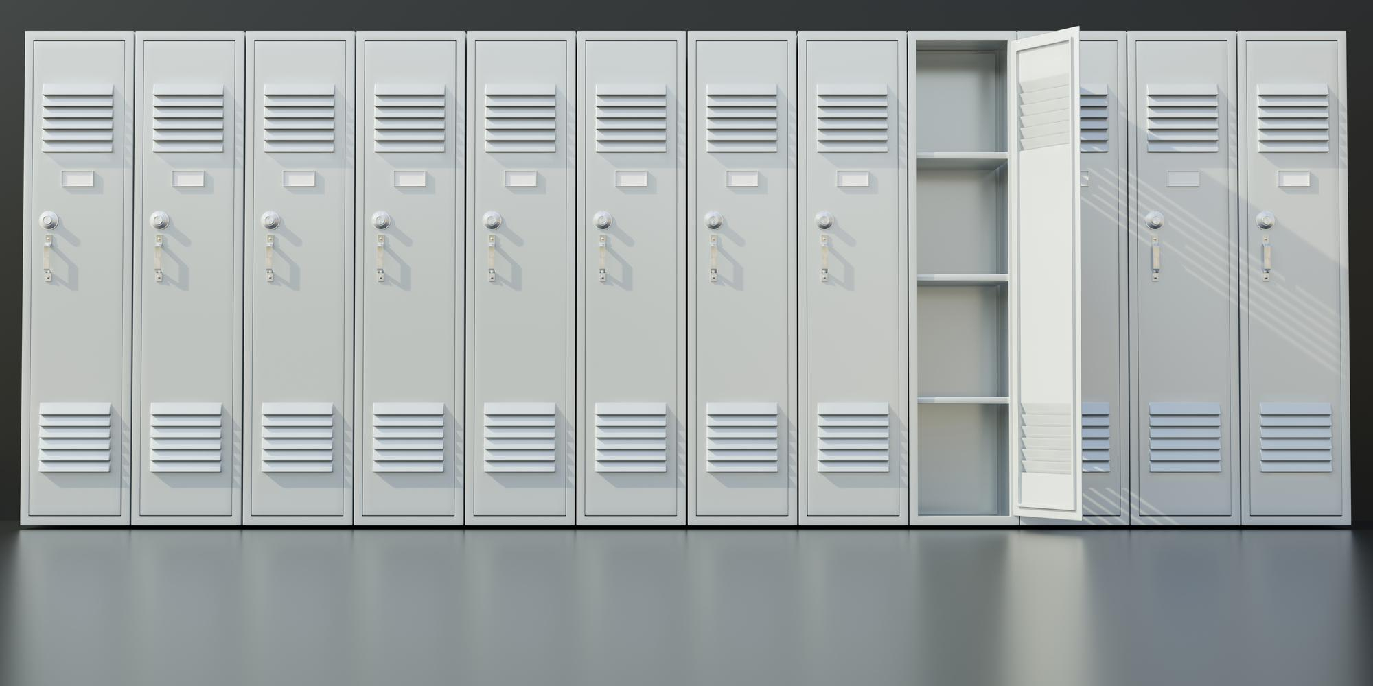 gym-locker-school-students-storage-closets-gray-floor-one-open-empty